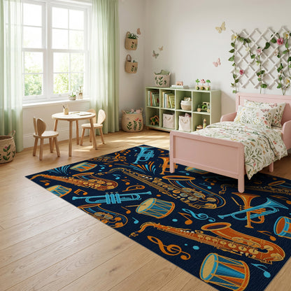Vibrant Saxophone Trumpet Drum Notes Rug
