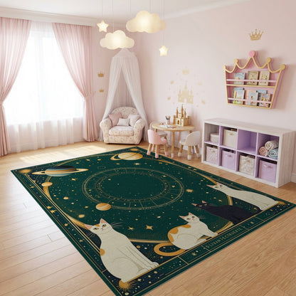 Dark Green Cosmic Cats Zodiac Rug