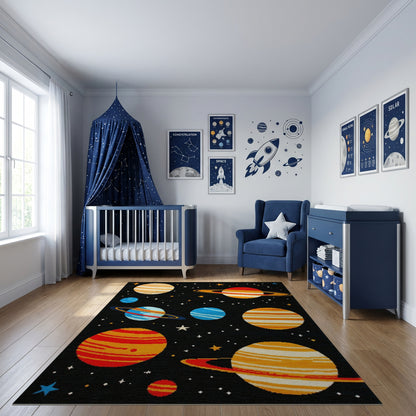 Whimsical Striped Planets Stars Cosmic Rug