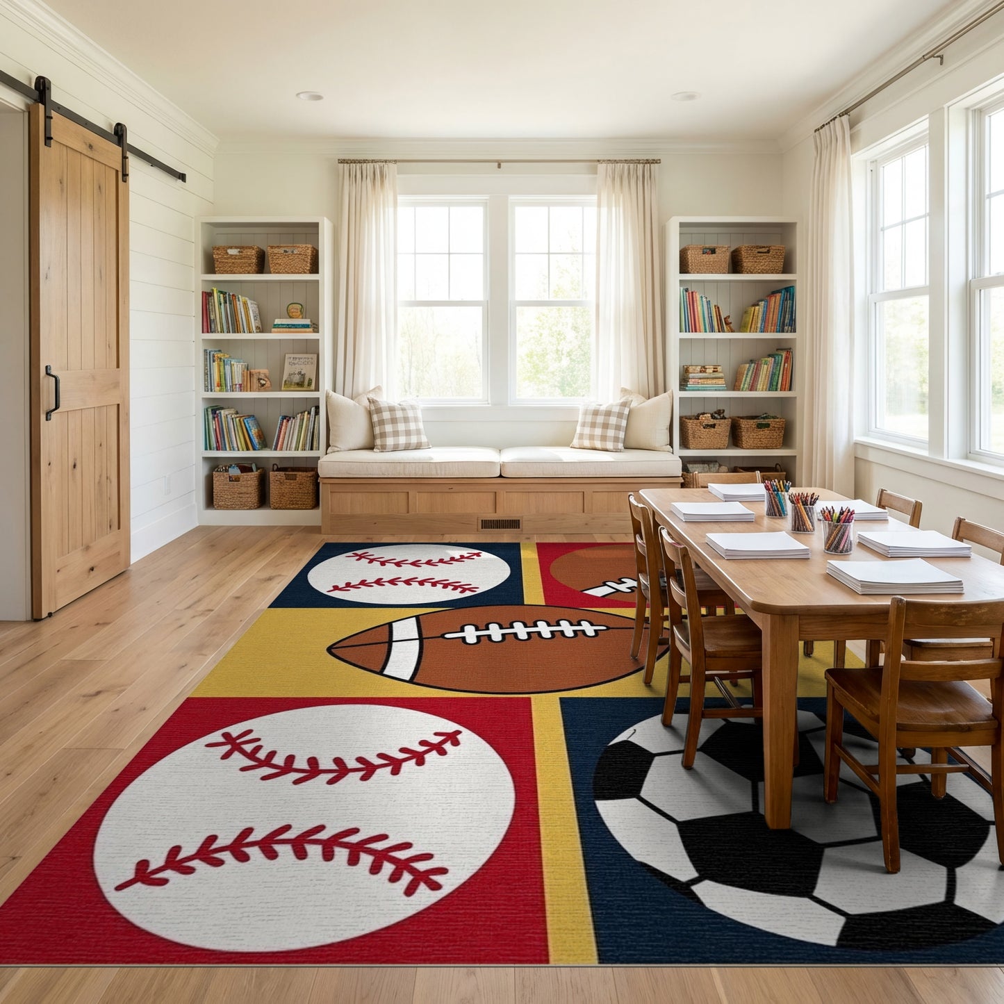 Playful Baseball Football Soccer Grid Rug