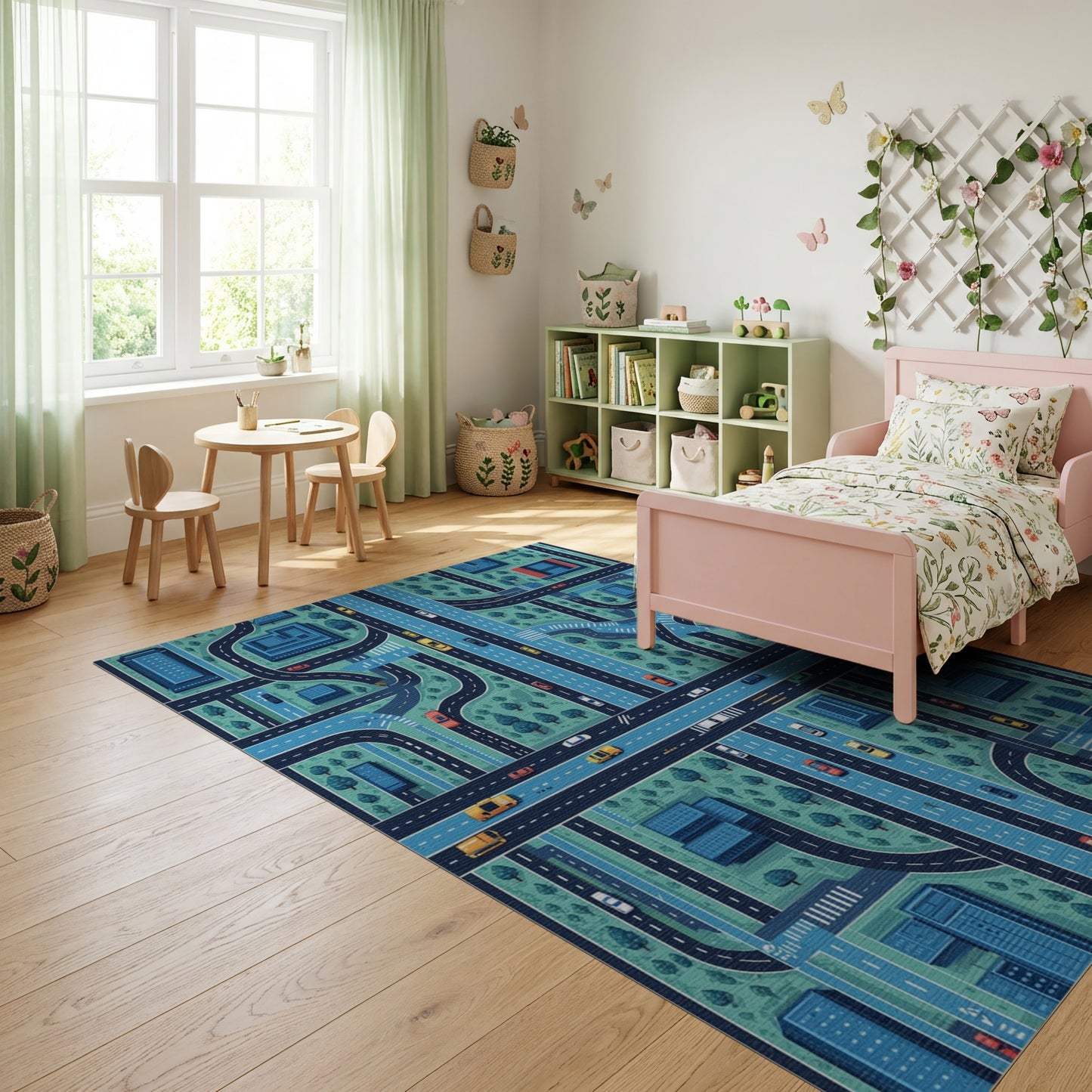 Stylized Teal City Road Map Rug
