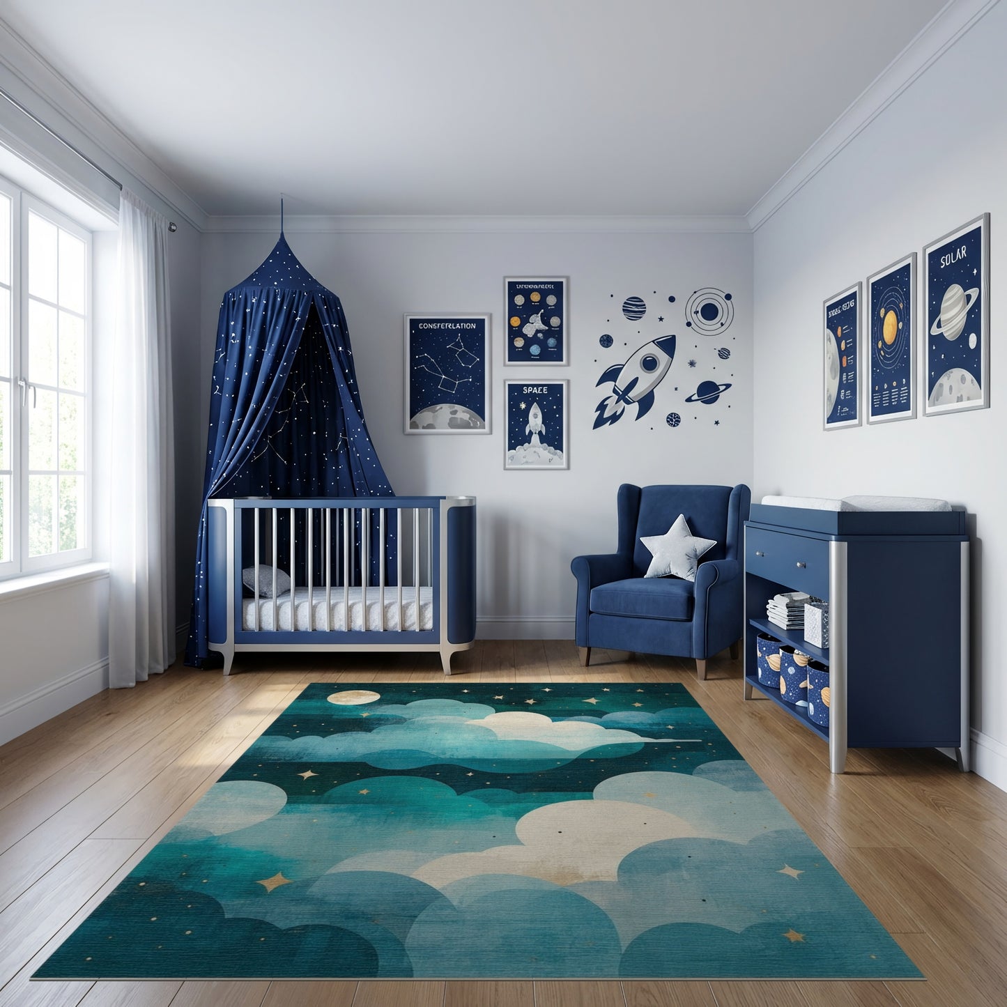 Dreamy Teal Starry Clouds Moon Rug