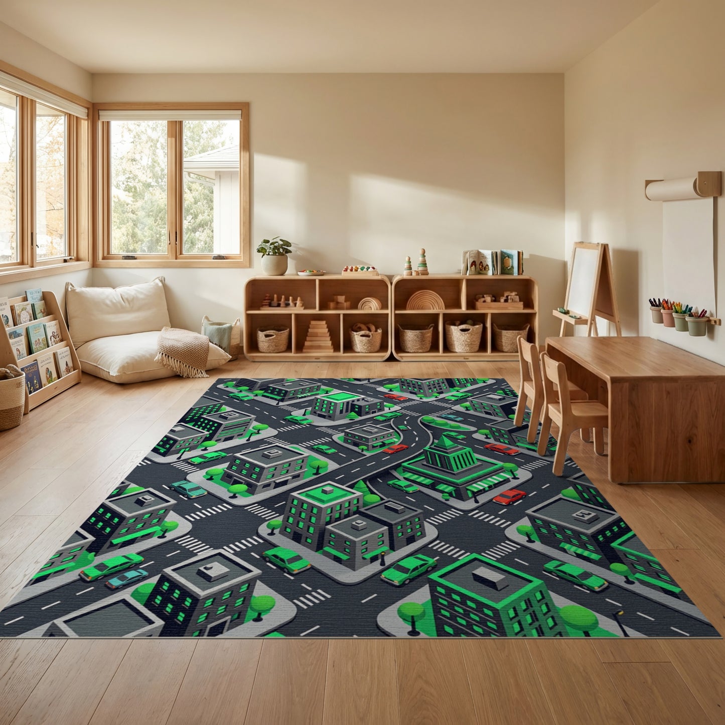 Modern Isometric Green City Grid Rug