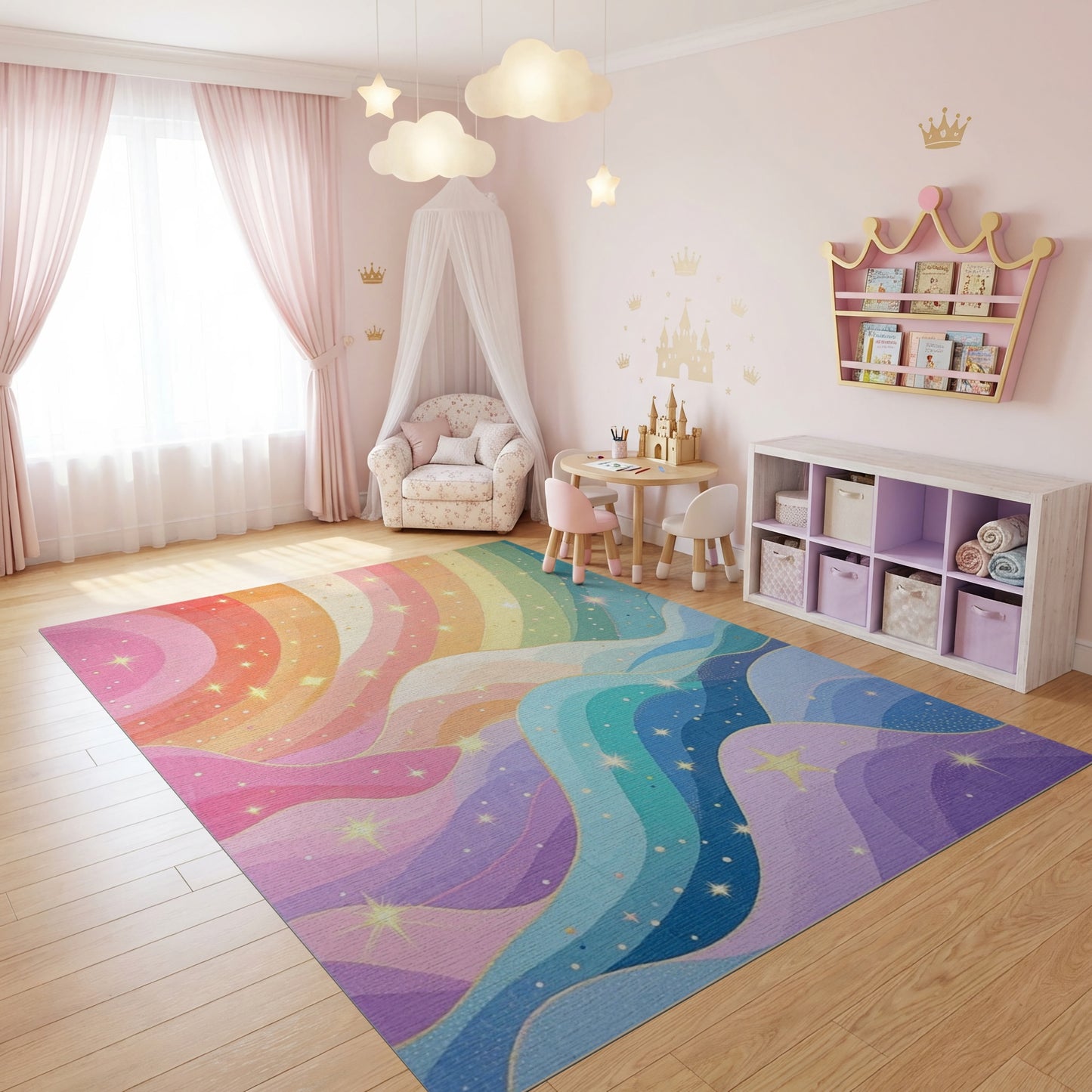 Whimsical Sparkling Rainbow Waves Rug