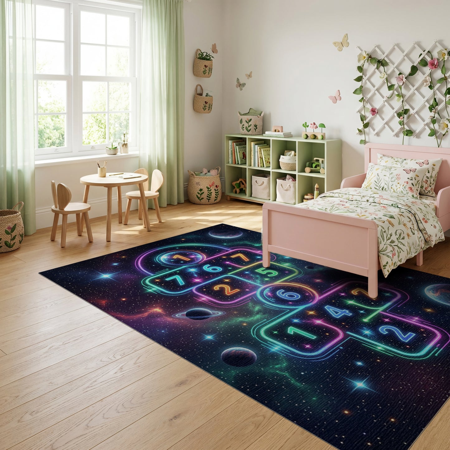 Neon Cosmic Hopscotch Galaxy Rug