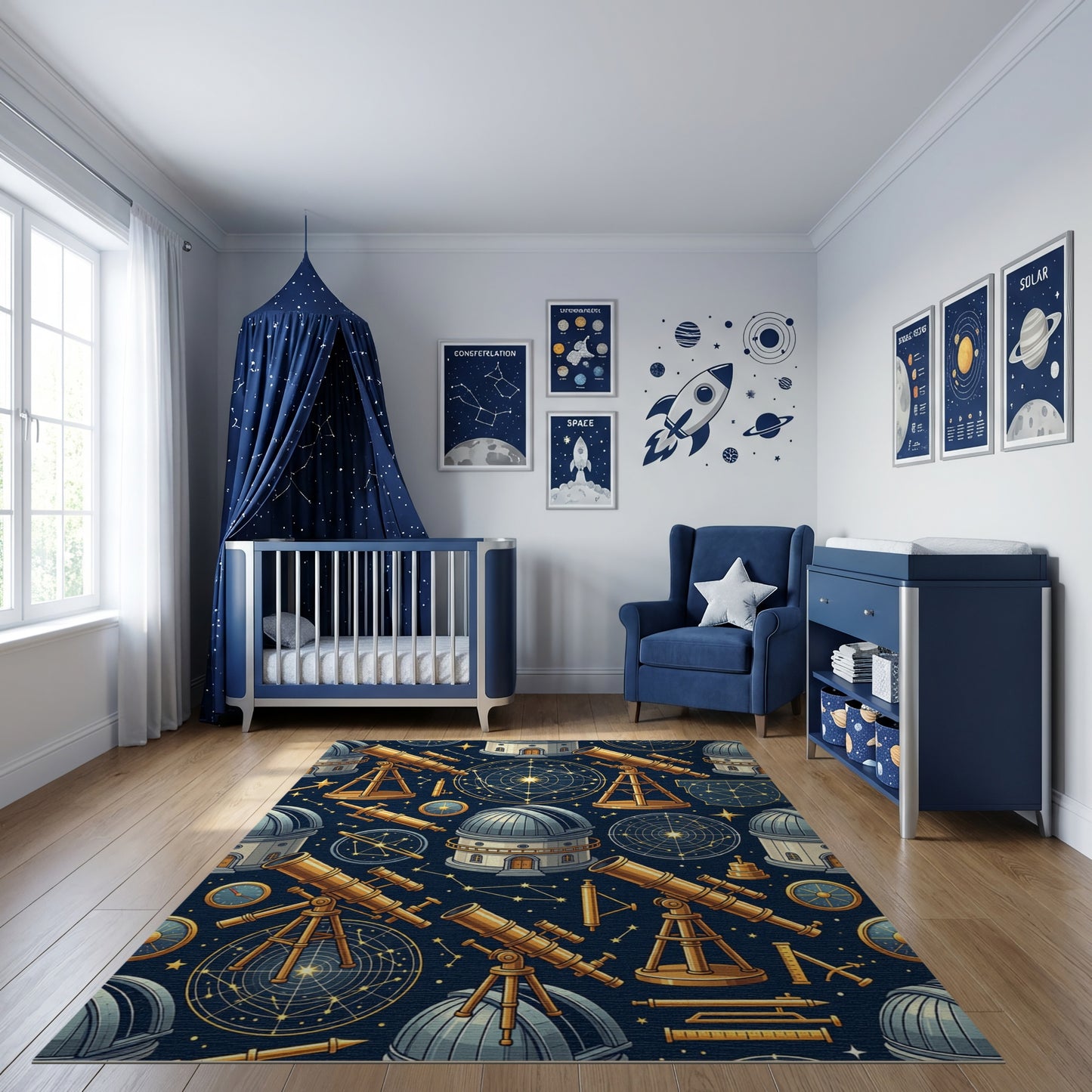 Vintage Celestial Telescopes Observatories Gold Rug