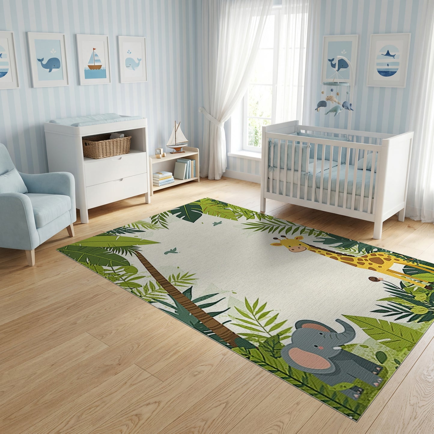 Playful Jungle Giraffe Elephant Palm Rug