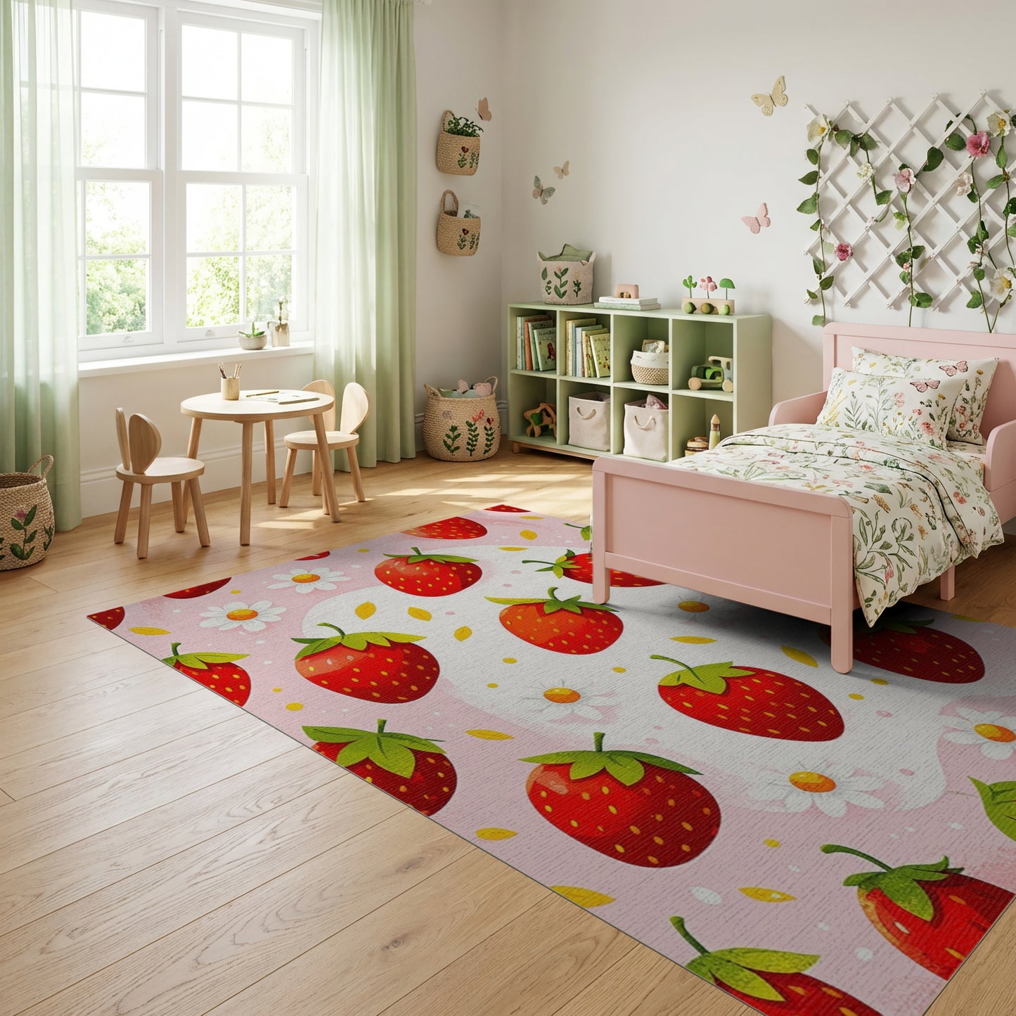 Pink Strawberry Daisy Whimsical Rug