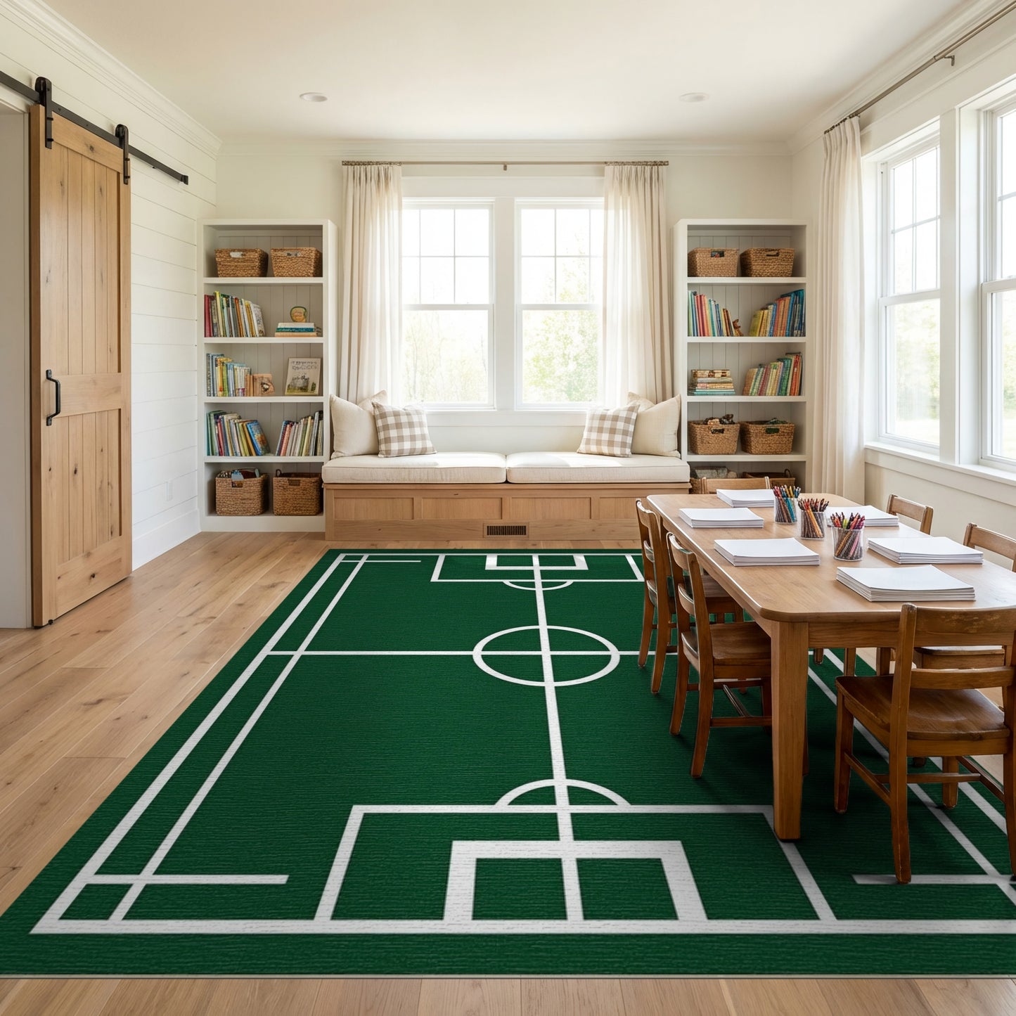 Green Soccer Field White Lines Rug