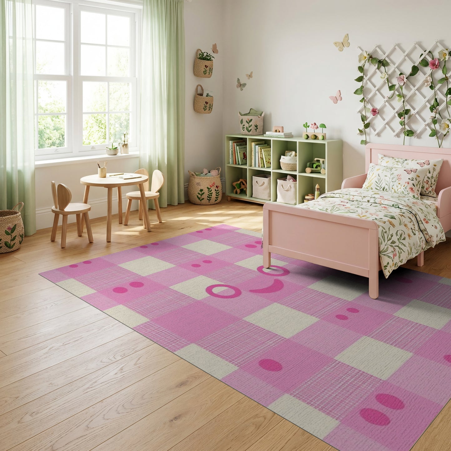 Pink White Gingham Kawaii Faces Rug