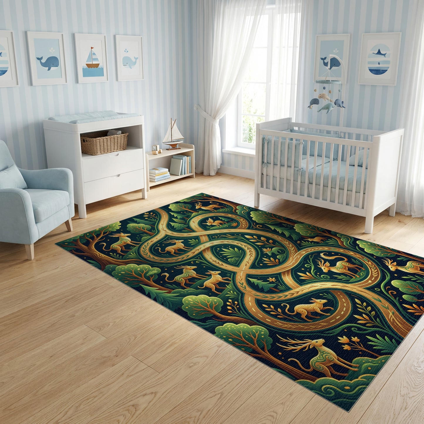 Mystical Forest Deer Golden Winding Path Rug