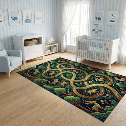 Mystical Forest Deer Golden Winding Path Rug