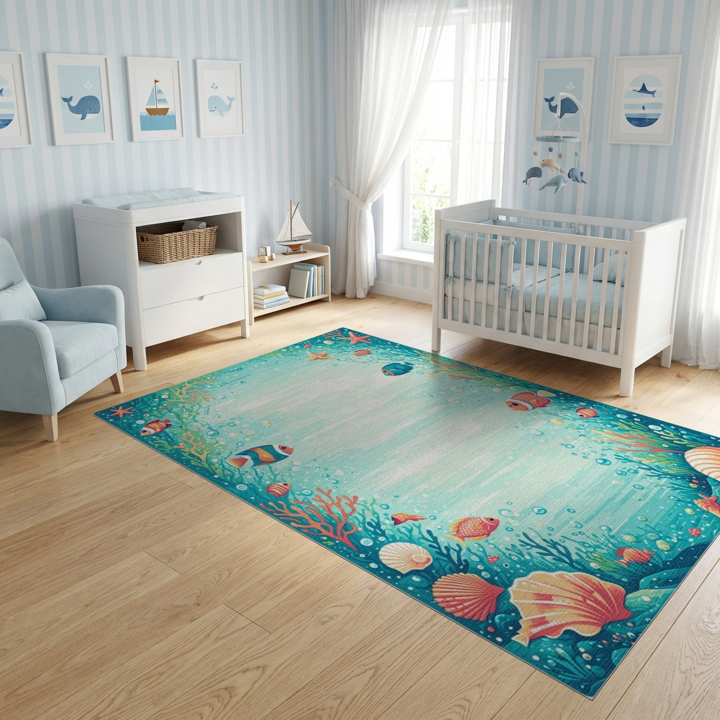 Whimsical Teal Coral Fish Reef Rug