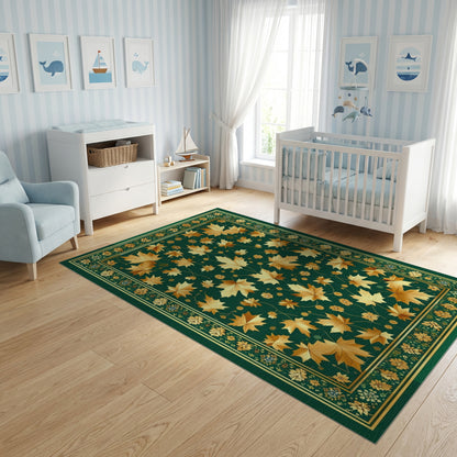 Ornate Golden Maple Leaves Green Rug