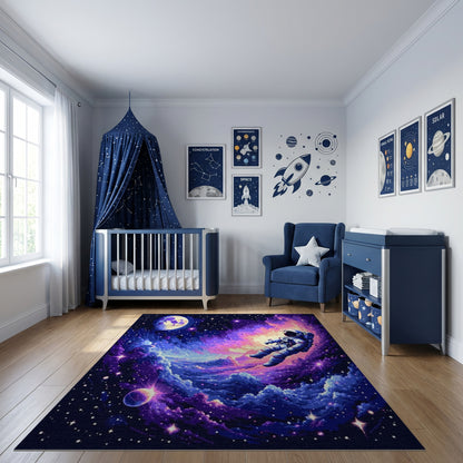 Vibrant Astronaut Nebula Stars Moon Rug
