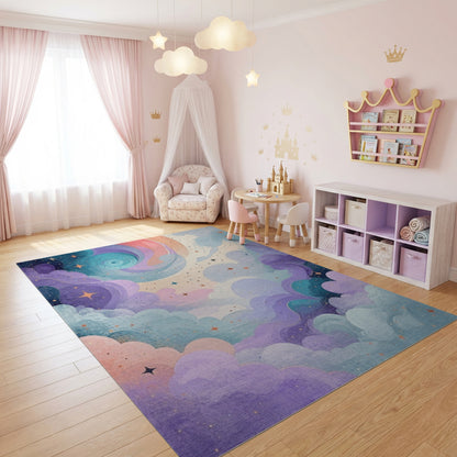 Purple Teal Swirling Stars Clouds Rug