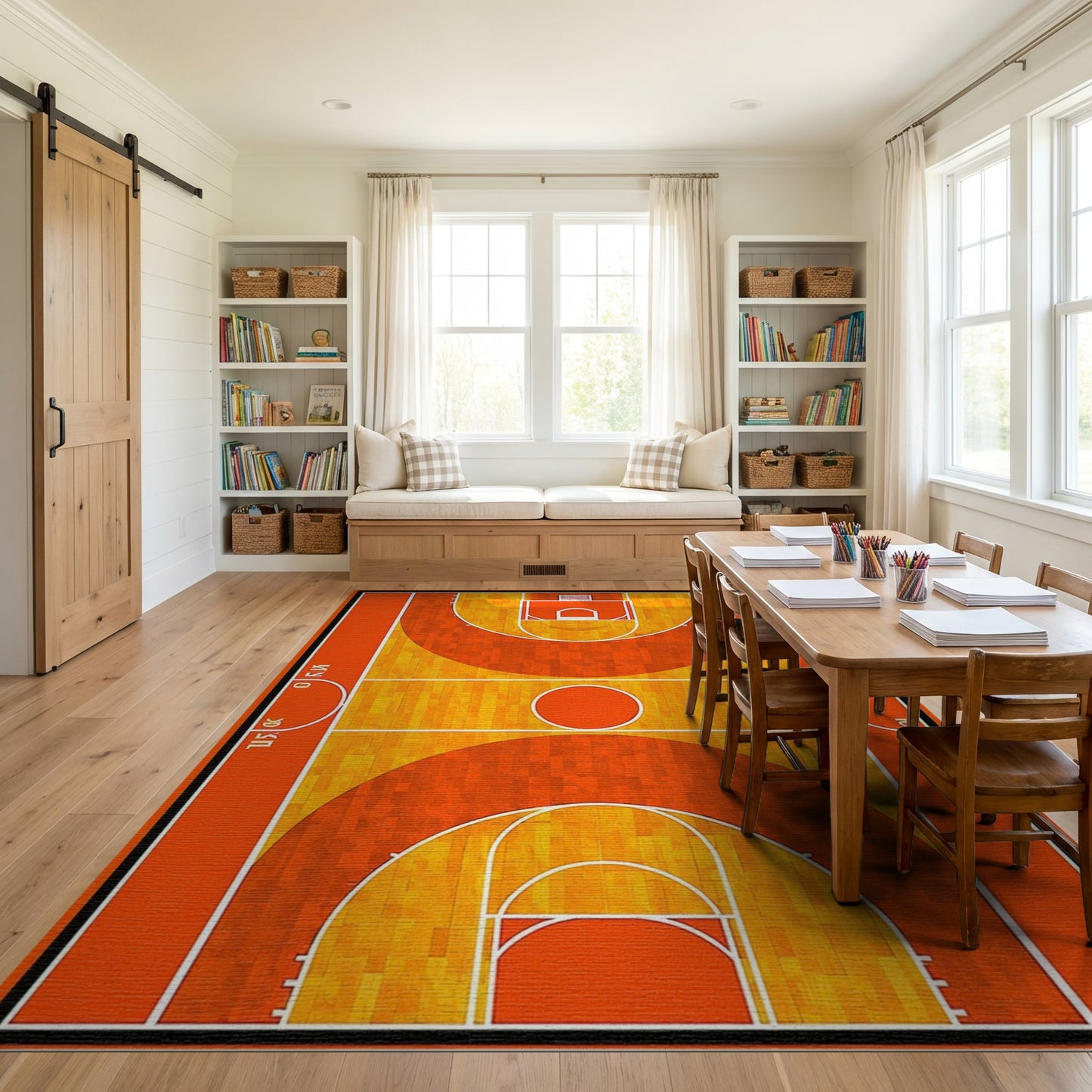 Sporty Orange Basketball Court Pattern Rug