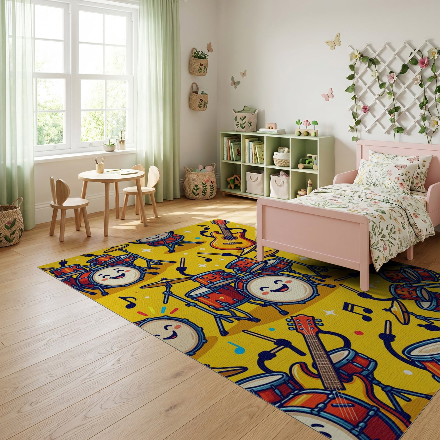 Playful Smiling Drums Guitars Notes Rug