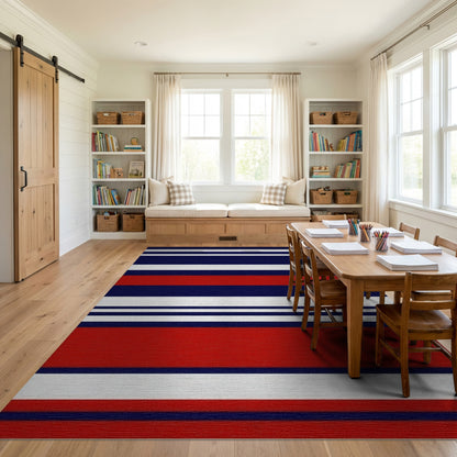 Navy Red White Bold Striped Rug