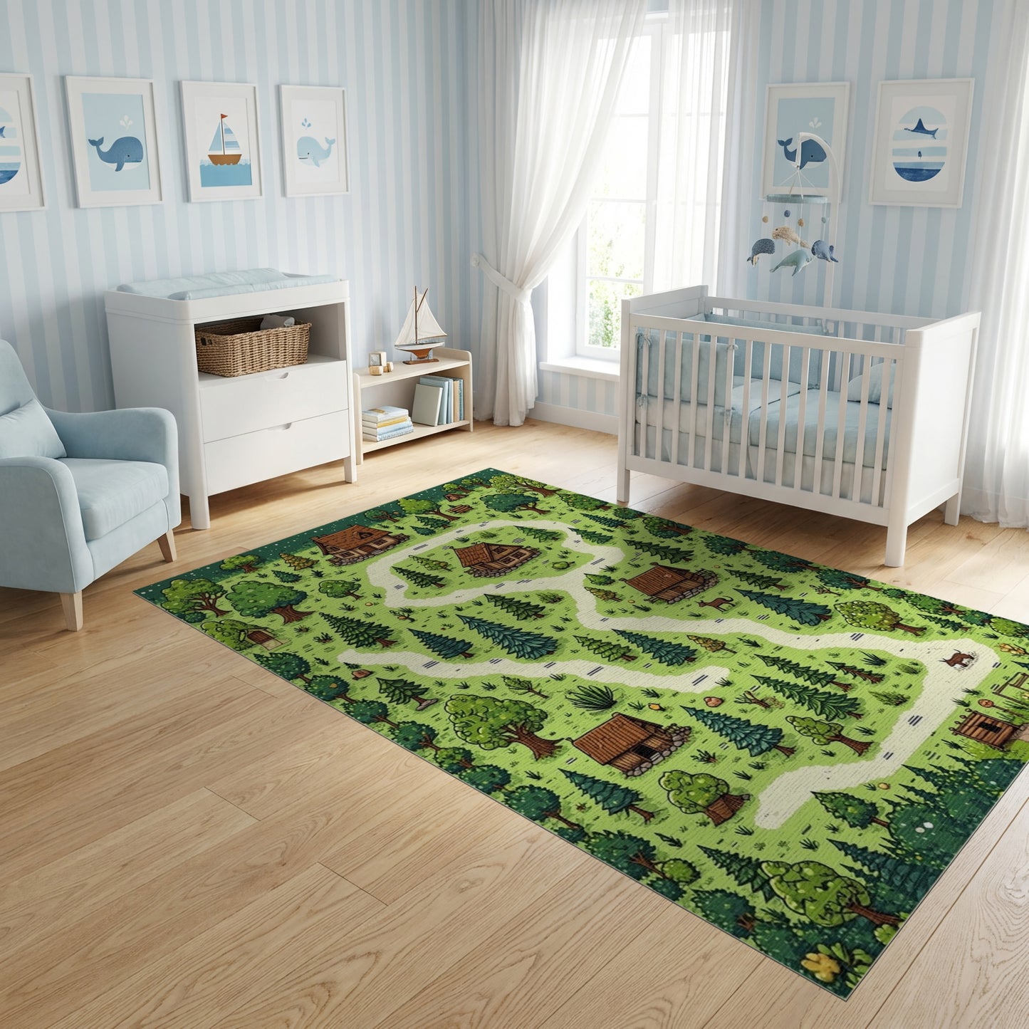 Whimsical Green Forest Cottages Path Rug