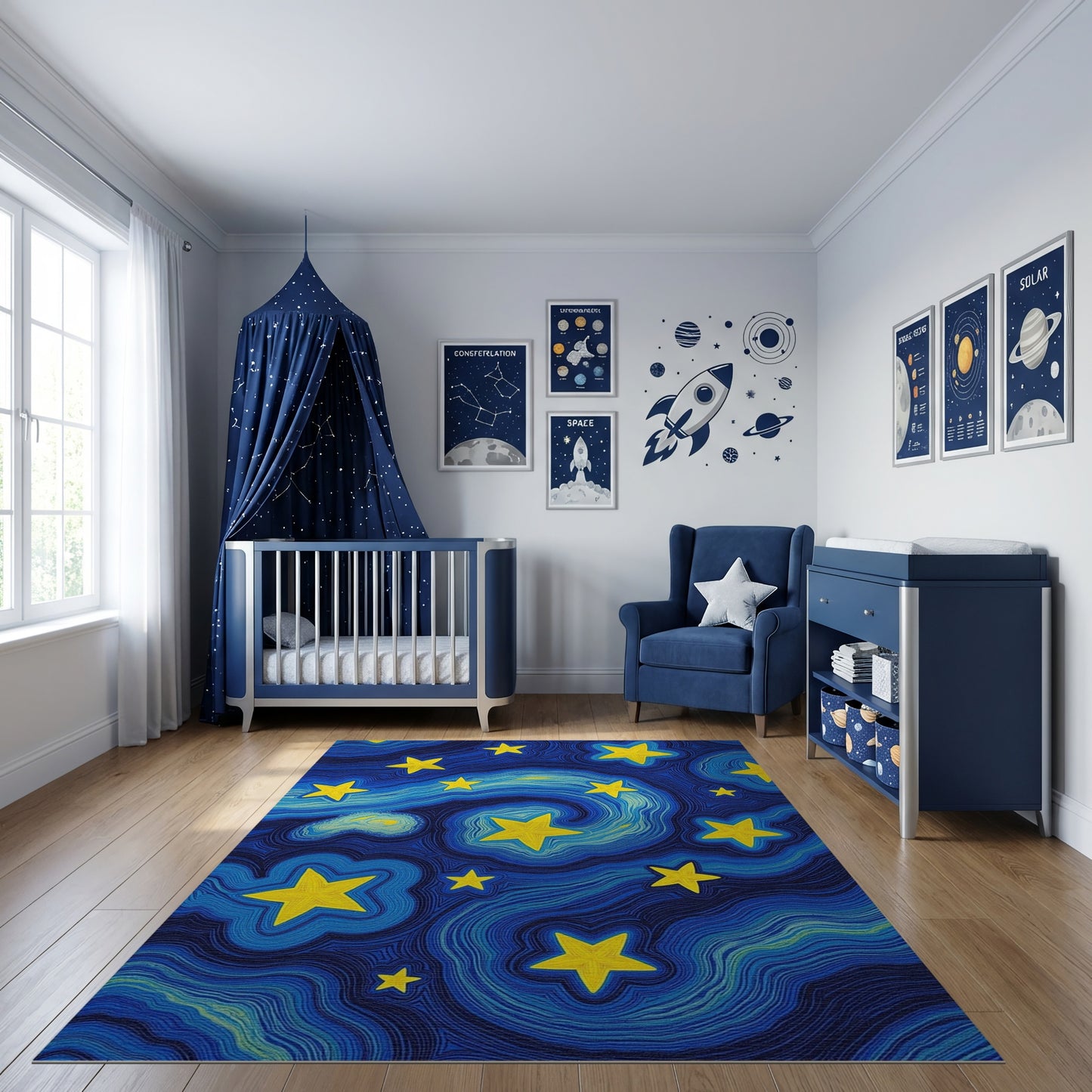 Swirling Yellow Stars Deep Blue Rug