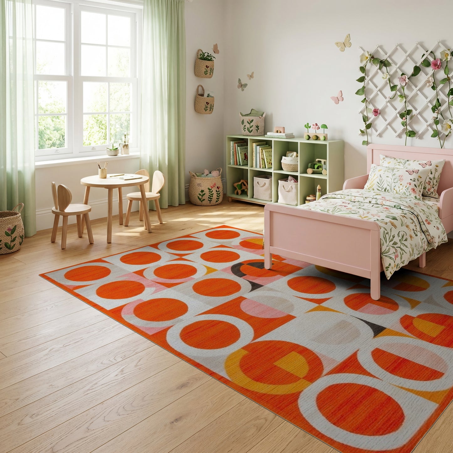 Vibrant Orange Pink Circles Geometric Rug