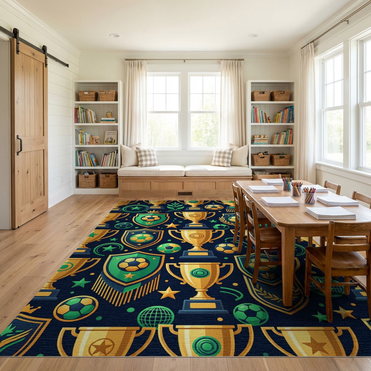 Vibrant Golden Soccer Victory Trophies Rug