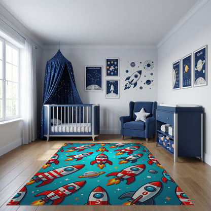 Vibrant Red Rockets Stars Whimsical Rug