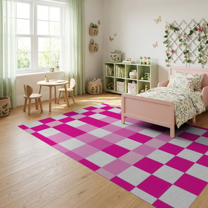 Vibrant Pink White Checkered Grid Rug