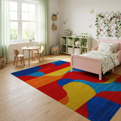 Vibrant Wavy Red Blue Orange Yellow Rug