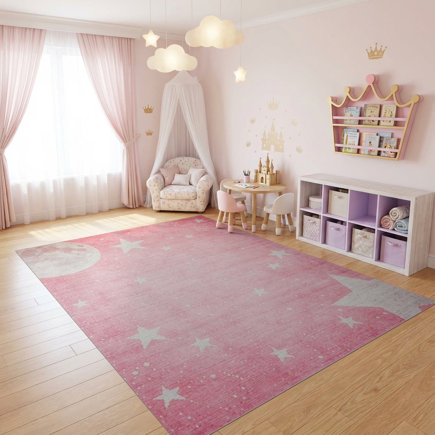 Whimsical Pink Moon Stars Rug