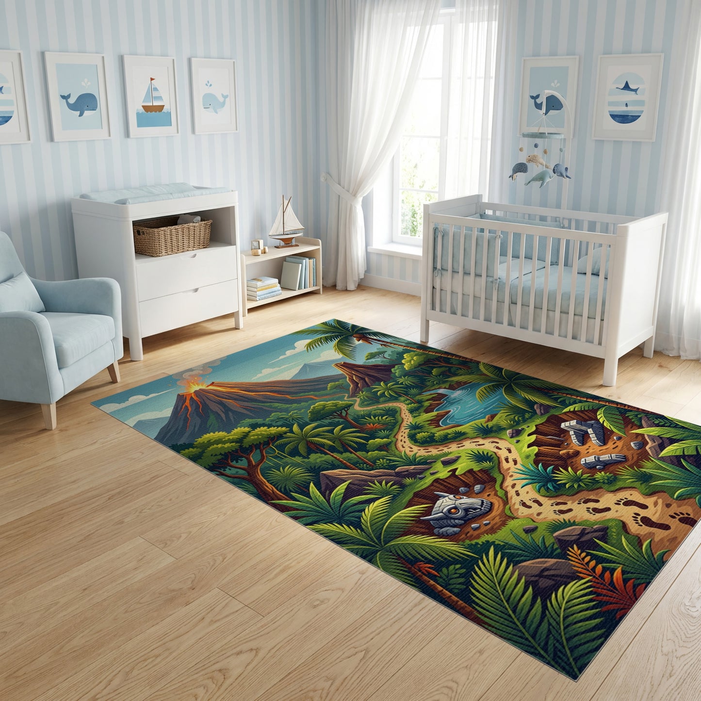Vibrant Jungle Volcano Dino Path Rug