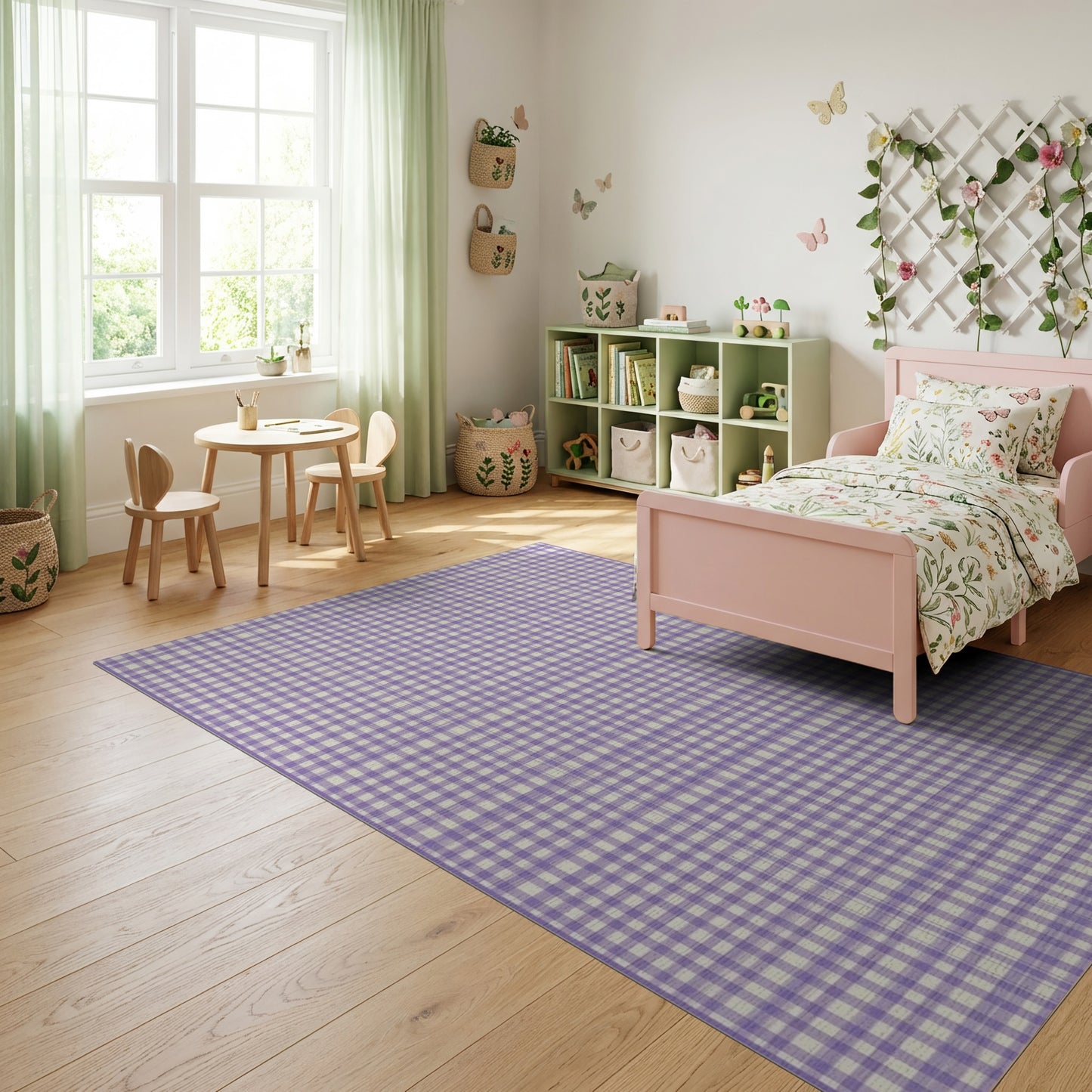 Purple White Gingham Check Rug