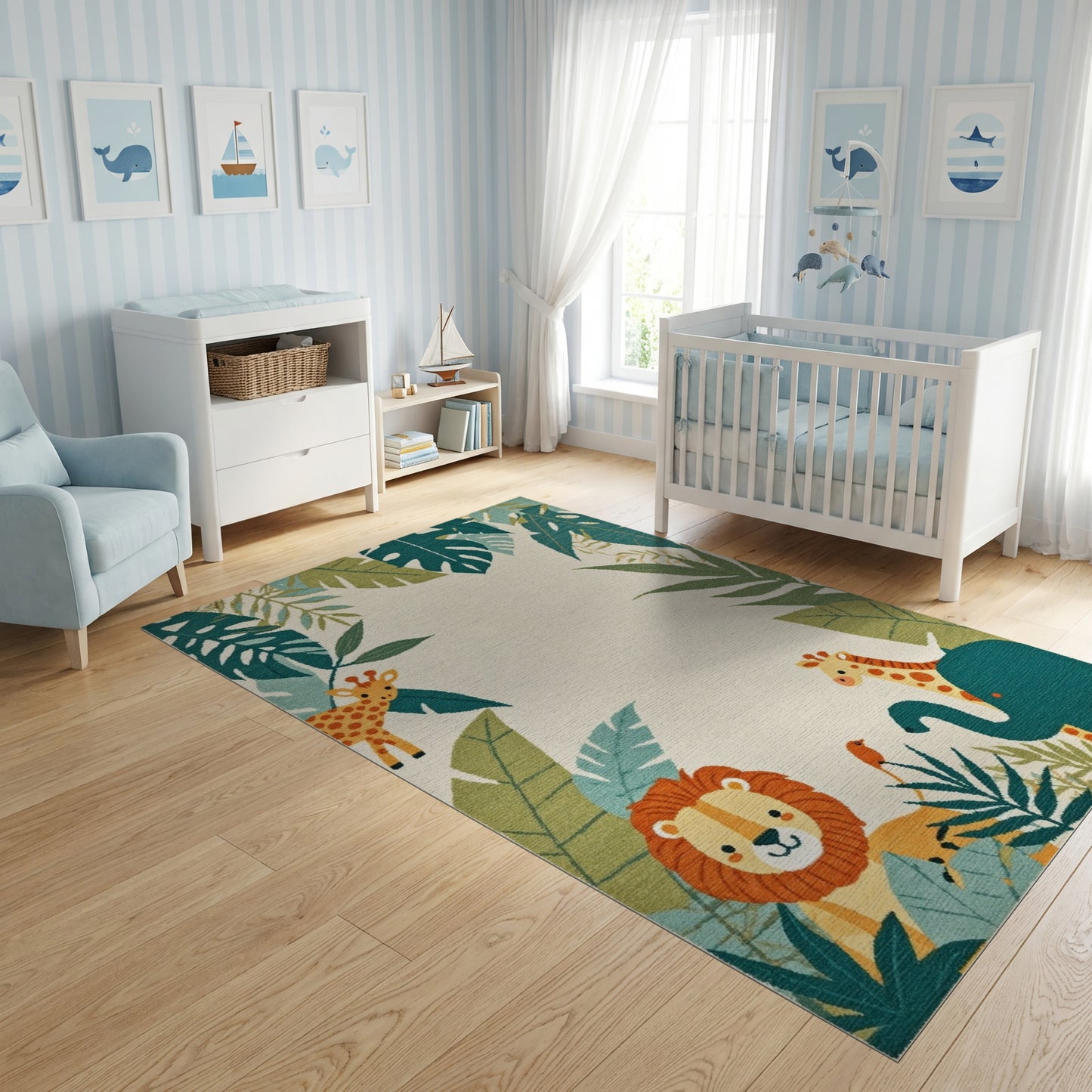 Whimsical Jungle Animals Lush Foliage Rug