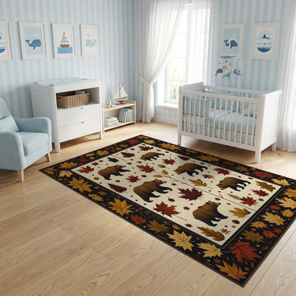 Whimsical Brown Bears Autumn Leaves Rug