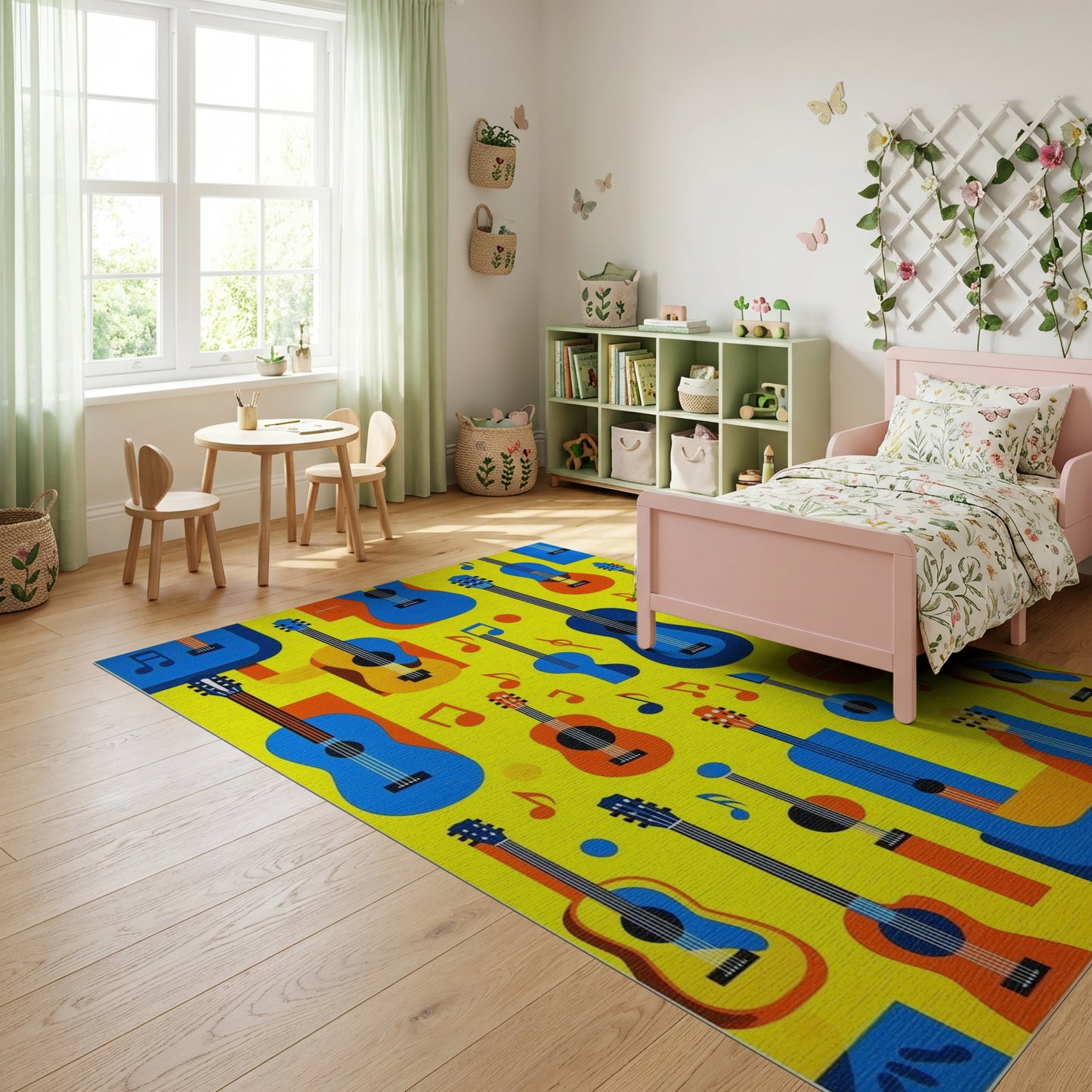 Vibrant Blue Orange Guitars Notes Rug