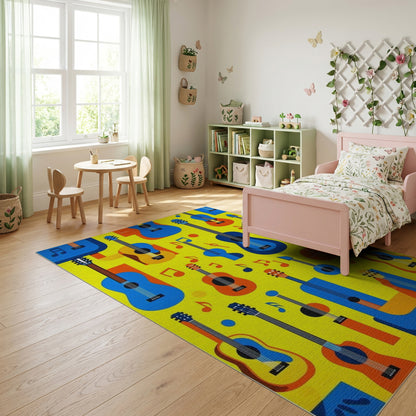Vibrant Blue Orange Guitars Notes Rug