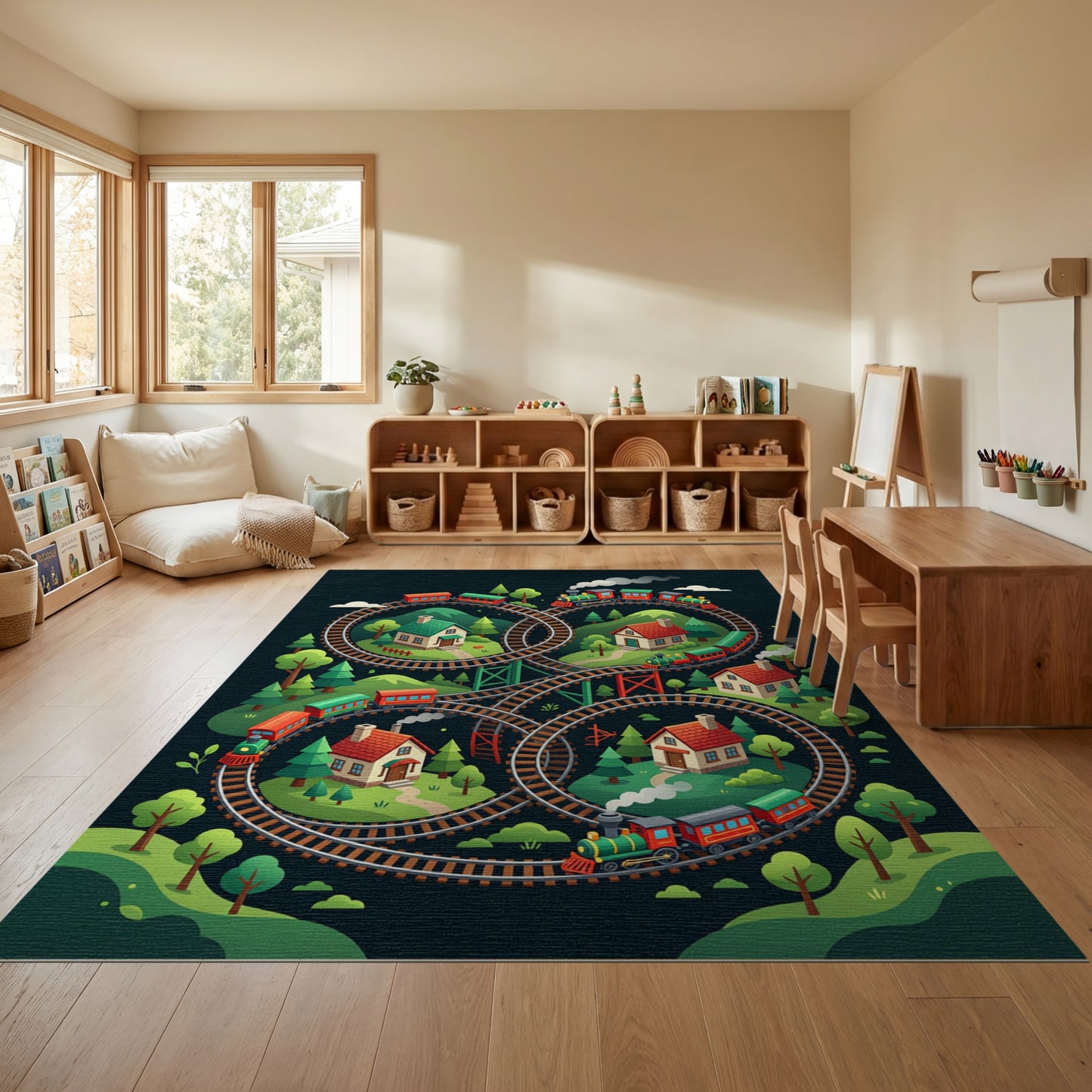 Whimsical Train Loop Village Forest Rug