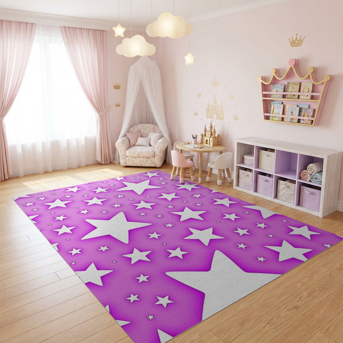 Whimsical White Stars Purple Rug