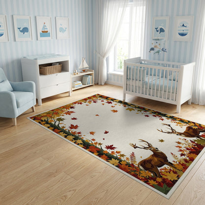 Autumn Deer Falling Leaves Border Rug