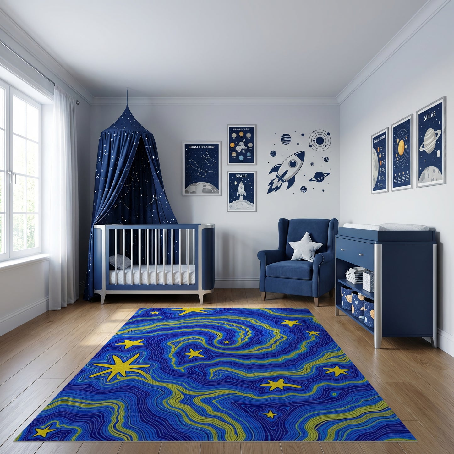Bold Yellow Stars Swirling Navy Waves Rug