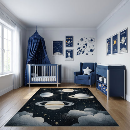 Starry Ringed Planets Gold Cosmic Rug