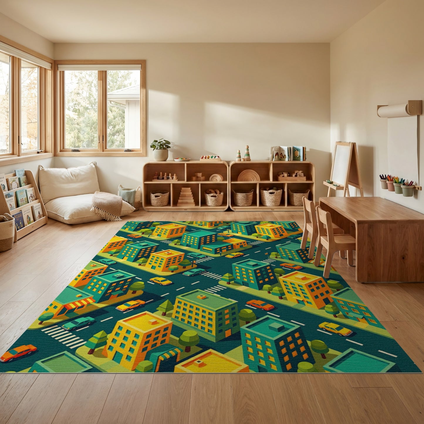 Vibrant Isometric Teal Yellow Cityscape Rug