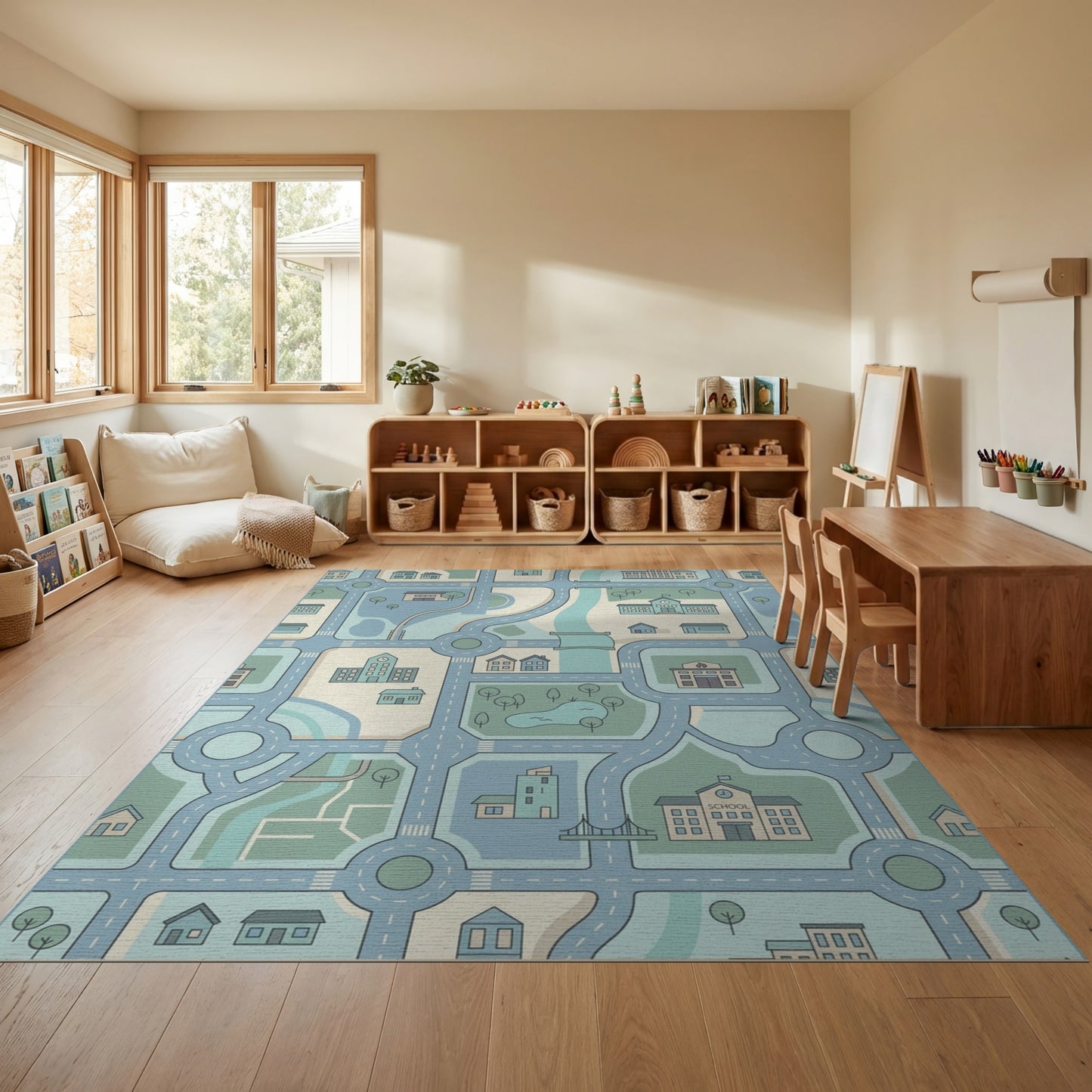 Whimsical Teal City Grid Rug