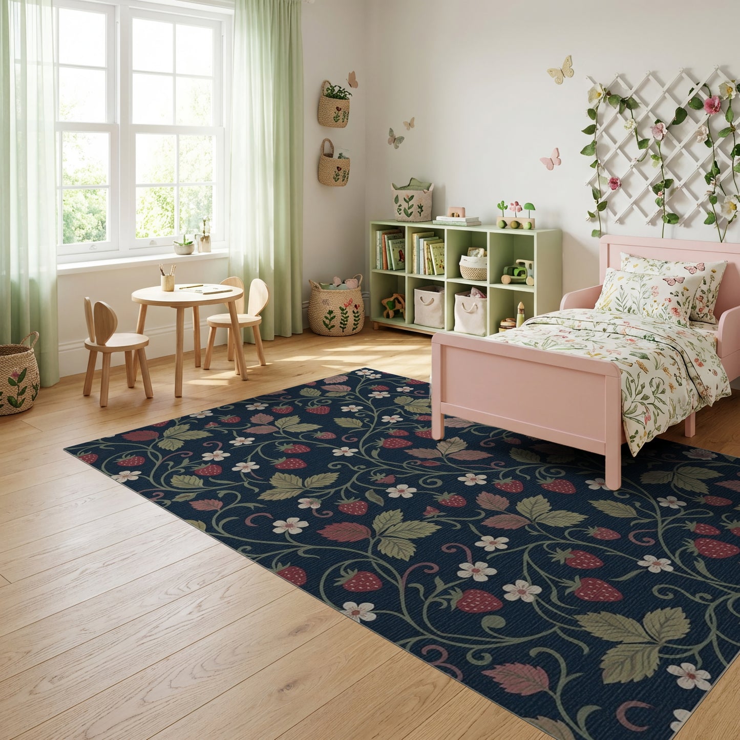 Navy Strawberry Vine Leaf Whimsical Rug