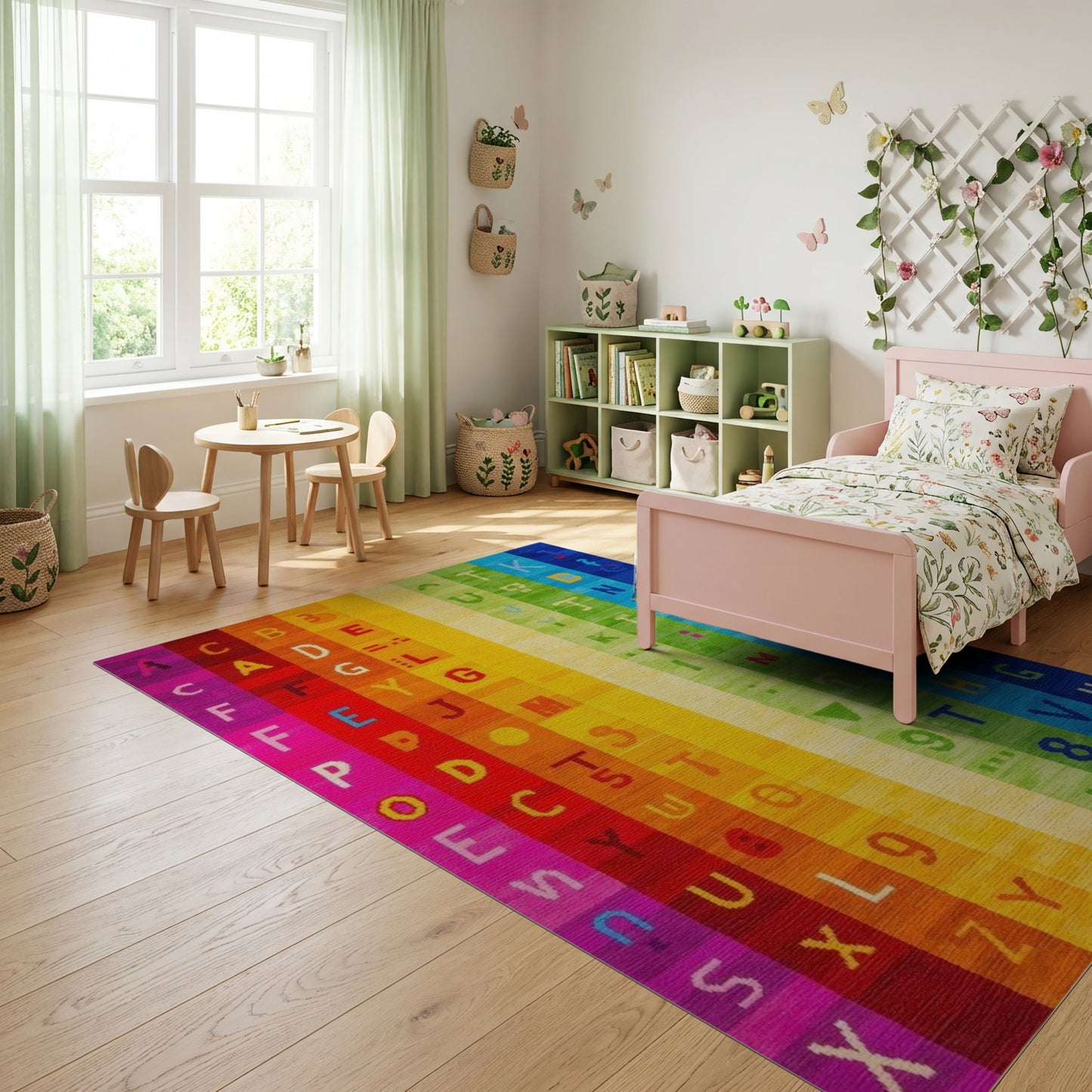 Vibrant Rainbow Alphabet Stripes Rug