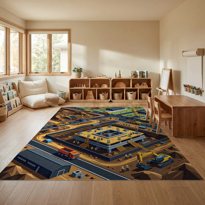 Vibrant Isometric Construction Site Rug