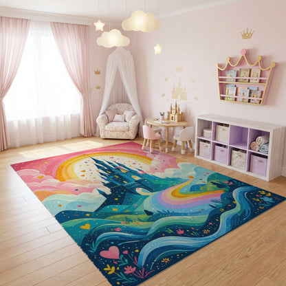 Whimsical Castle Rainbow Hearts Rug