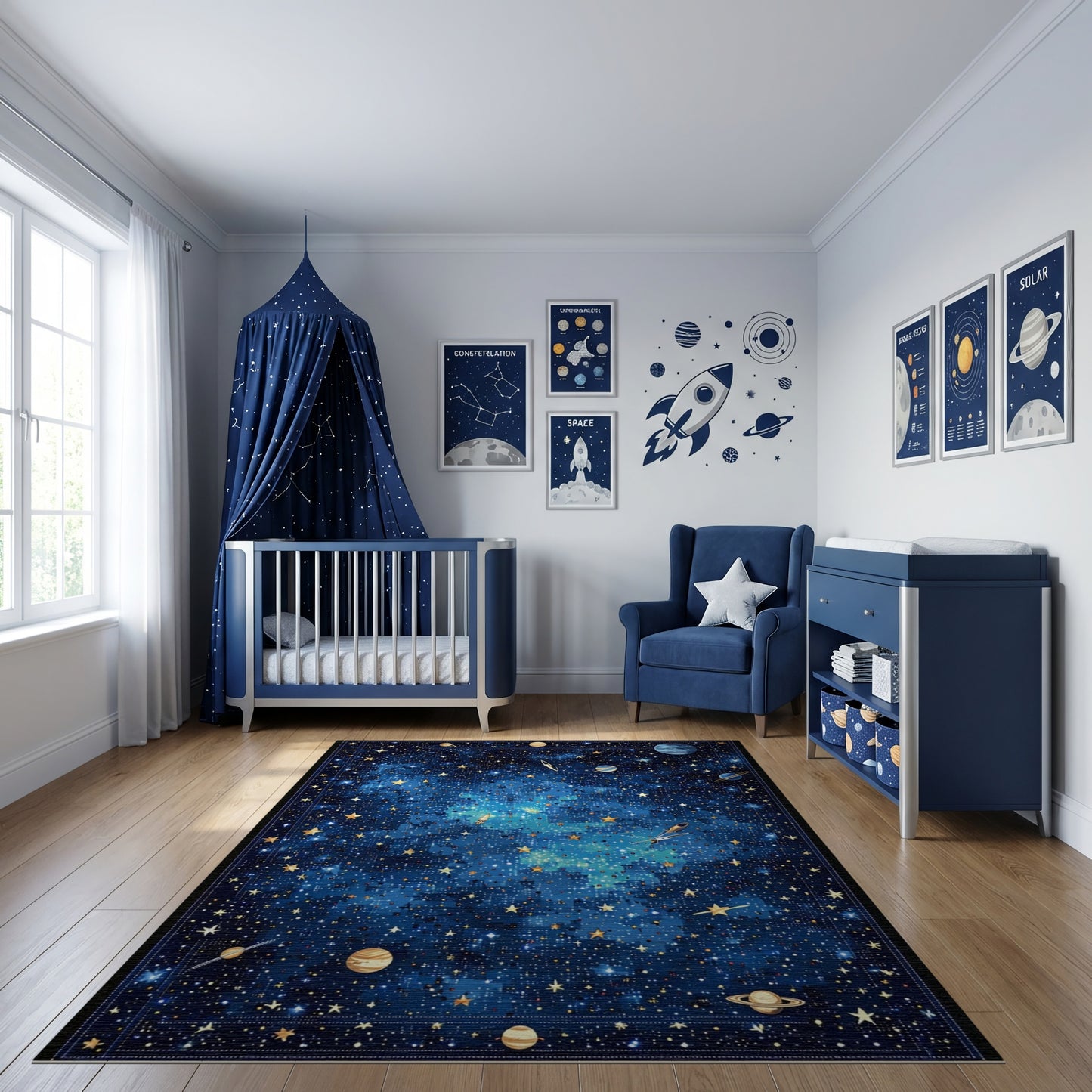 Cosmic Navy Stars Planets Nebula Rug