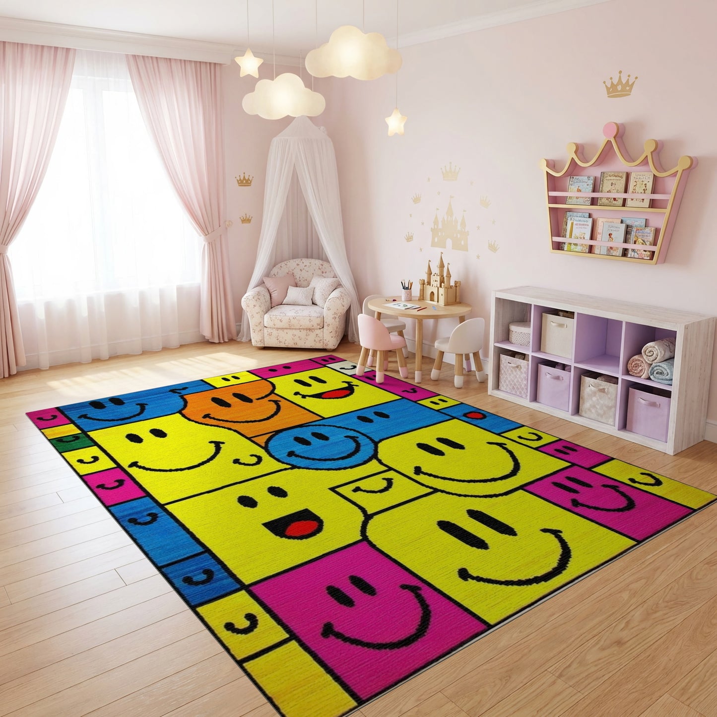 Vibrant Color Block Smiling Faces Rug